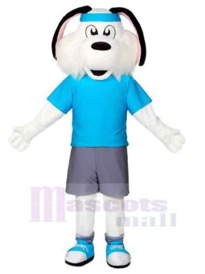 Chien de sport blanc Costume de mascotte Animal en T-shirt bleu