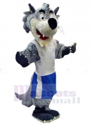 Loup drôle en tenue de sport bleu et blanc Costume de mascotte Animal