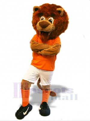 Lion sportif Mascotte Costume Animal en vêtements orange