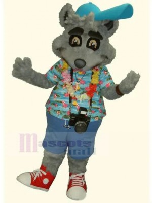 Costume de mascotte de chien photographe gris avec animal chemise bleu Aloha